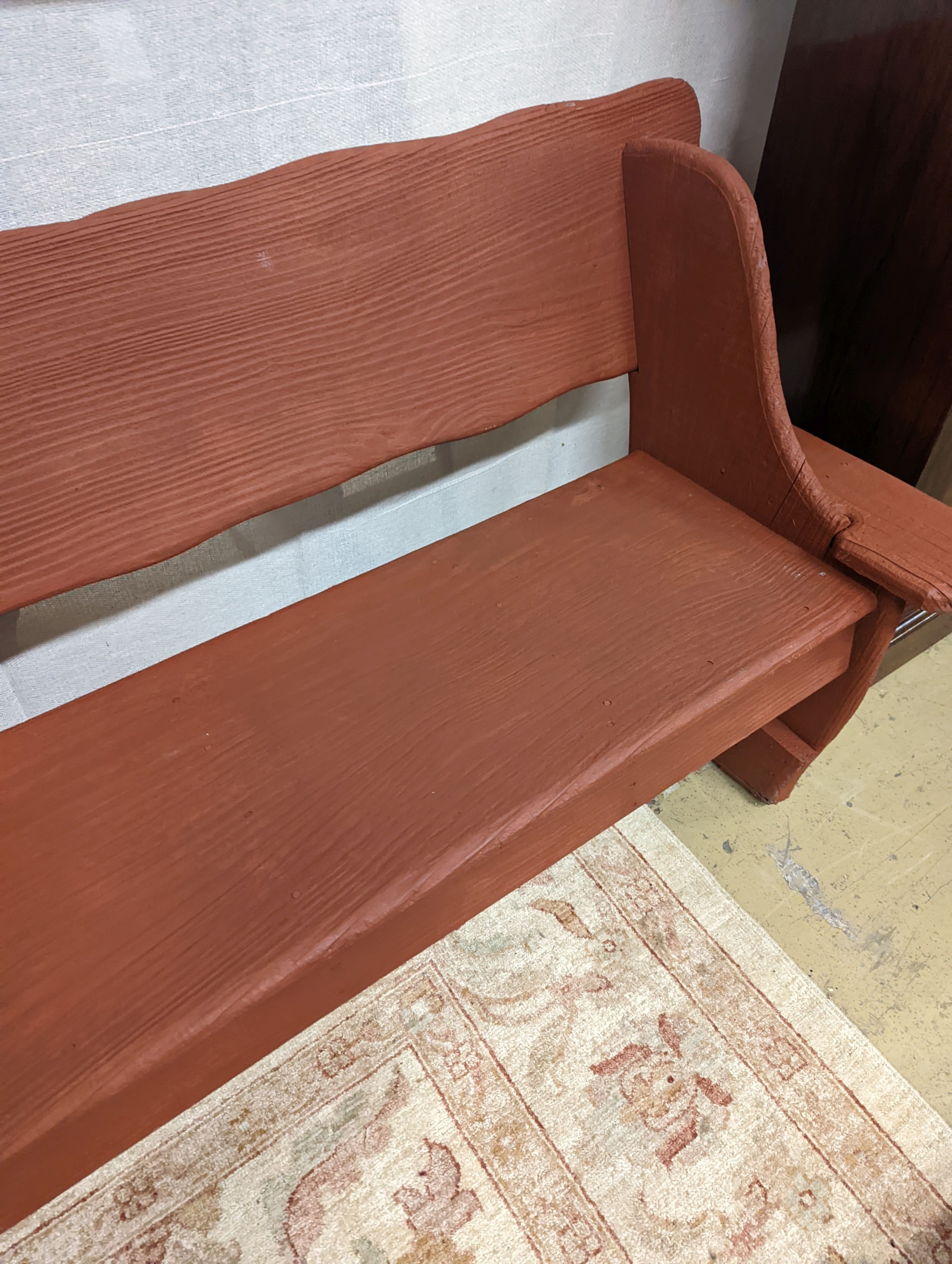 A painted low wooden garden bench, length 146cm, depth 45cm, height 71cm